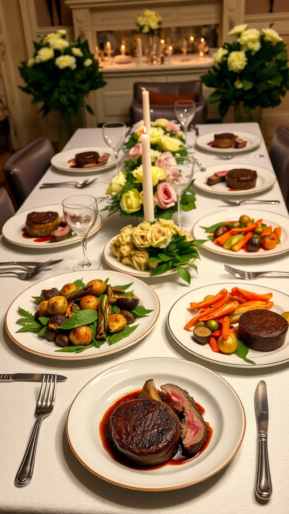 Elegant Dinner Party Recipes for Memorable Evenings A stylish dinner party setup with lamb, vegetables, and chocolate desserts on an elegantly decorated table.